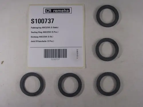 Sechs Dichtungen in Schwarz, verpackt in einer Blisterverpackung mit Marke Remeha. Auf dem Etikett sind Details und eine Artikelnummer abgebildet.